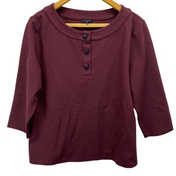 Talbots Petites Tops - Talbots Petites Burgundy 3/4 Sleeve Henley Top XLp Button Neck Stretch